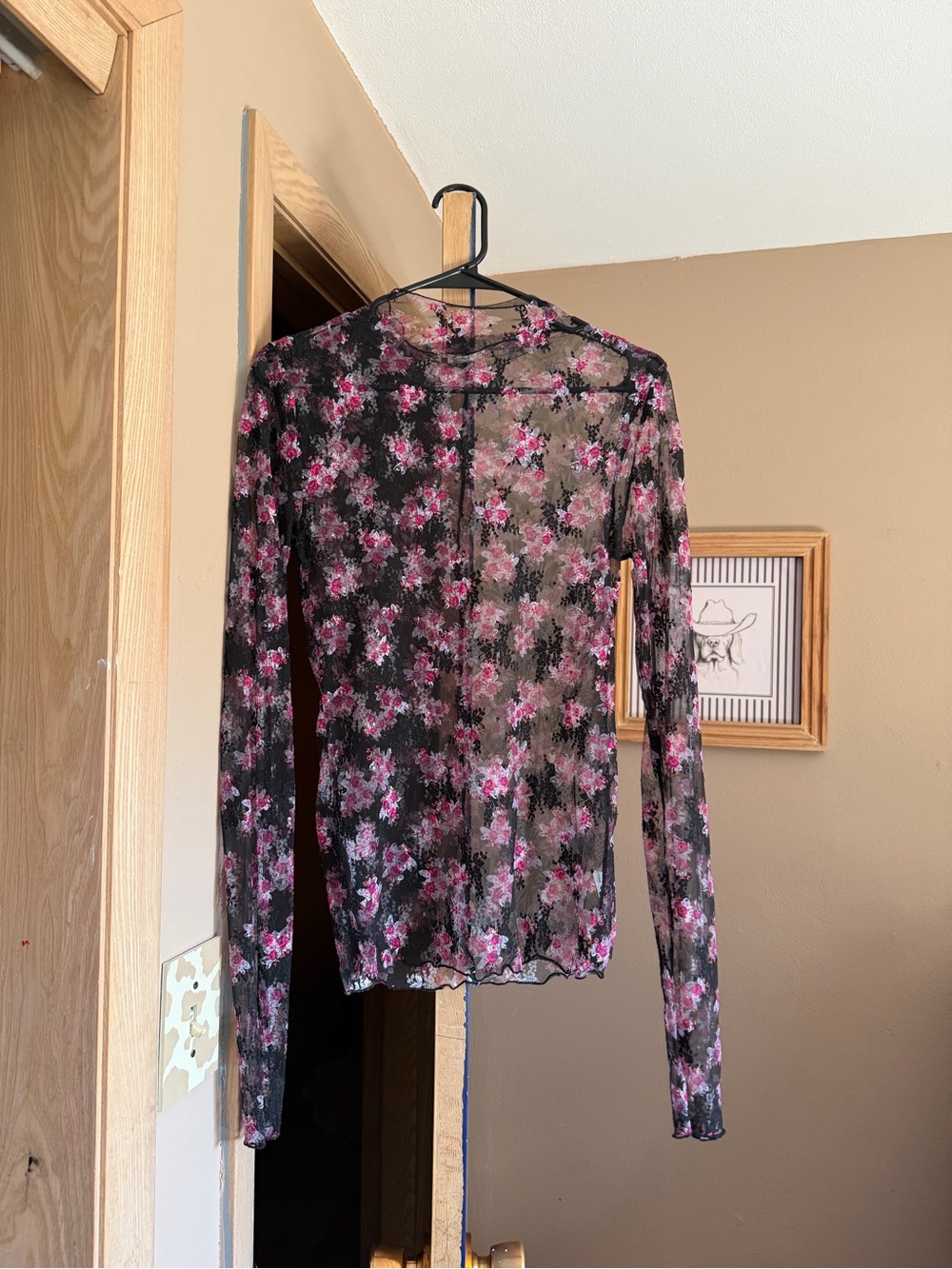 Free People Black Sheer Mesh Top with Pink Floral Print